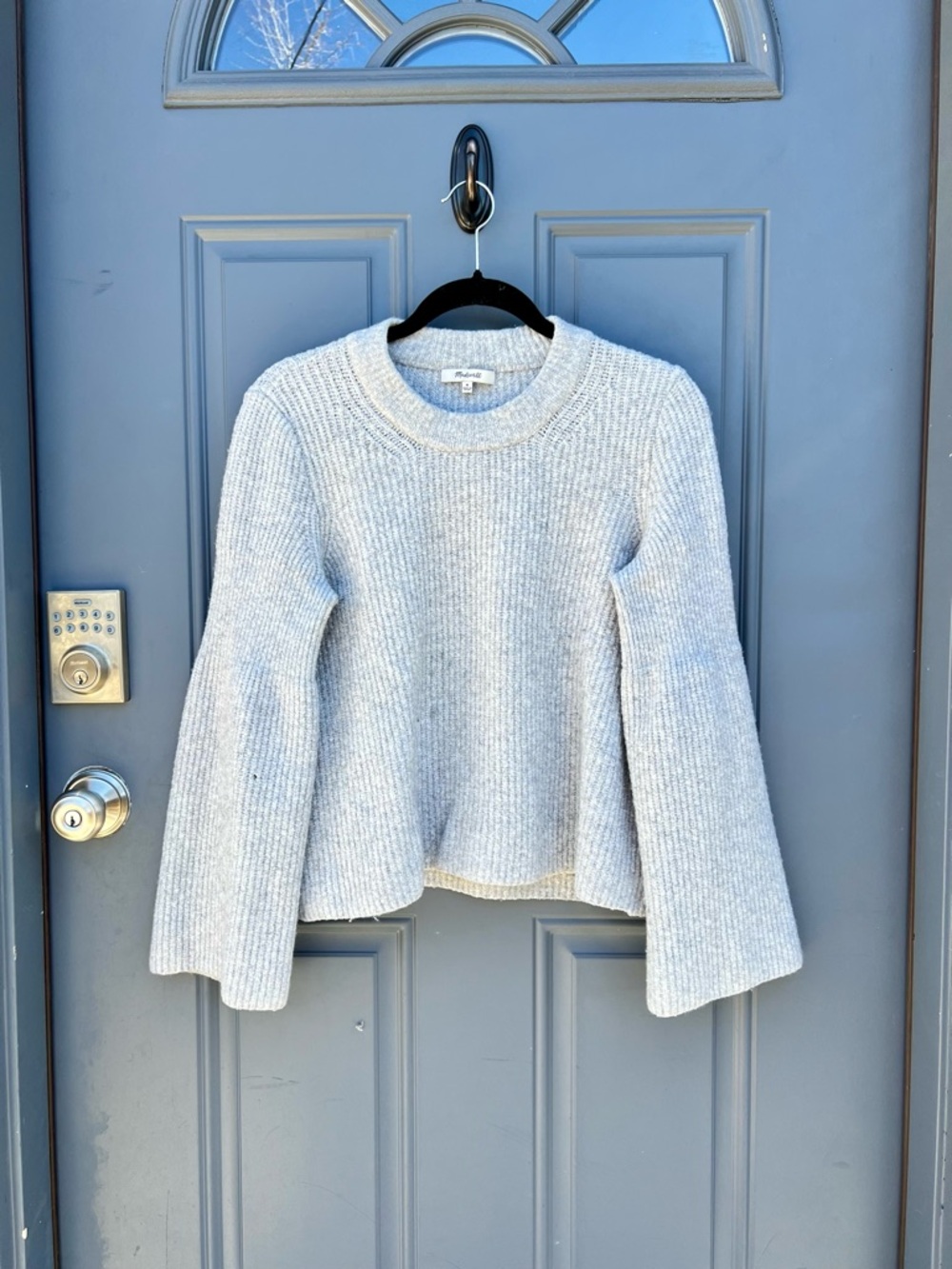 Madewell Bell Sleve Ribbed Crewneck Sweater in Light Gray